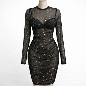Constellation Stars Sheer Mesh Bodycon Dress Sz S Black Silver Ruched Celestial